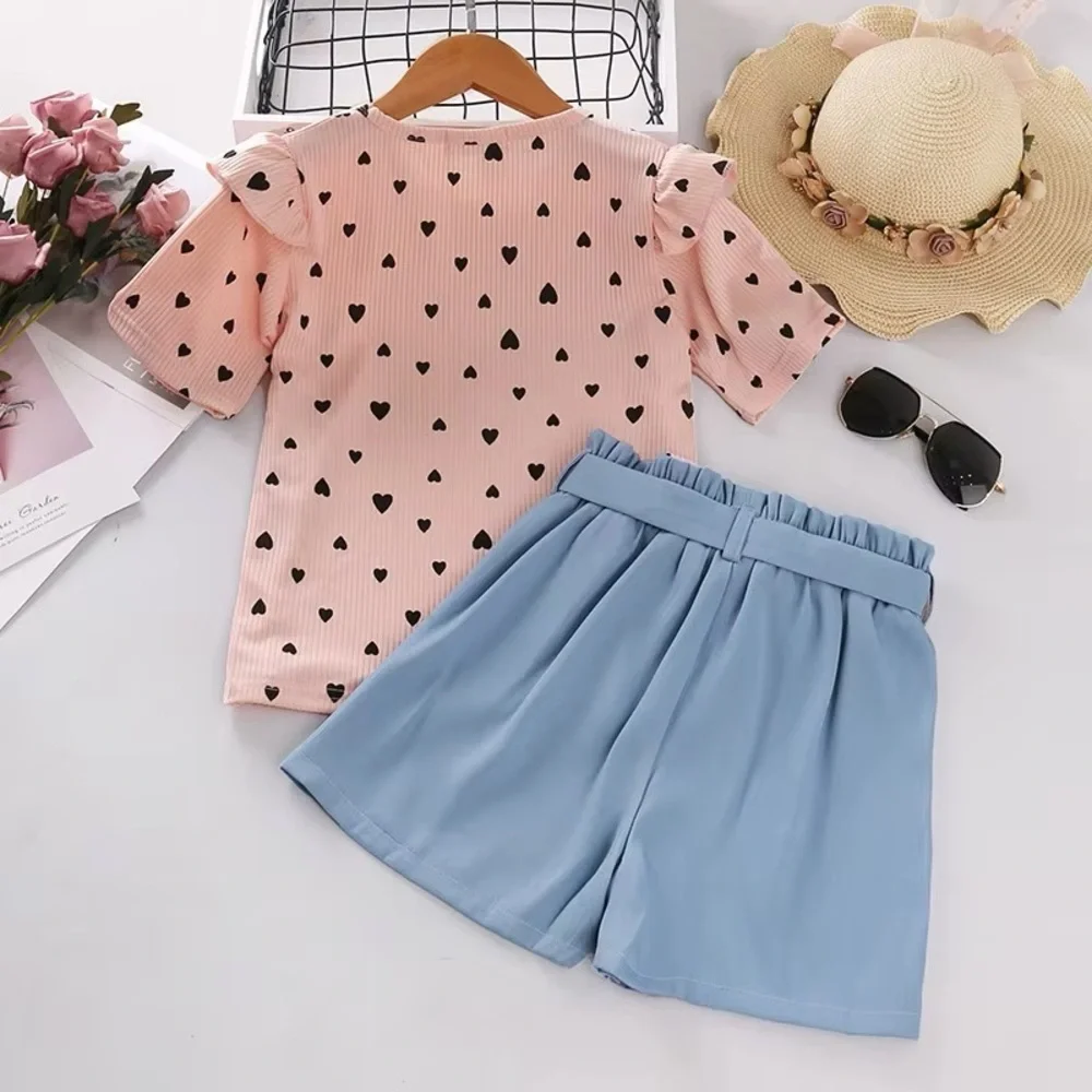 Girls Heart Print Ruffle Pink Tee & Belted Shorts